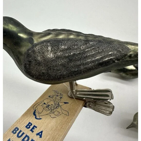 3 Blown Glass Bird Clip On Ornaments Feather Tails Gold & Black Glitter Vintage - Picture 11 of 16